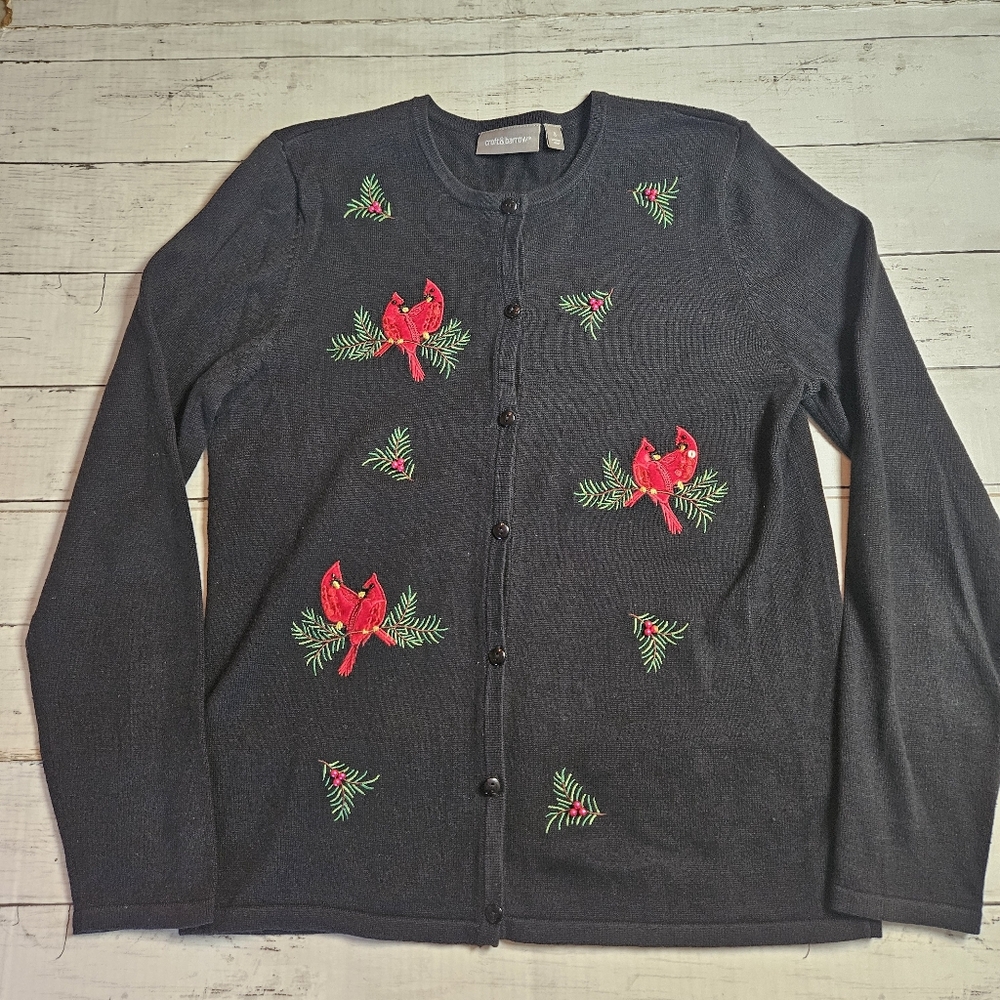 Croft & Barrow Black Embroidered Cardigan Holiday Size‎ Small Cardinal